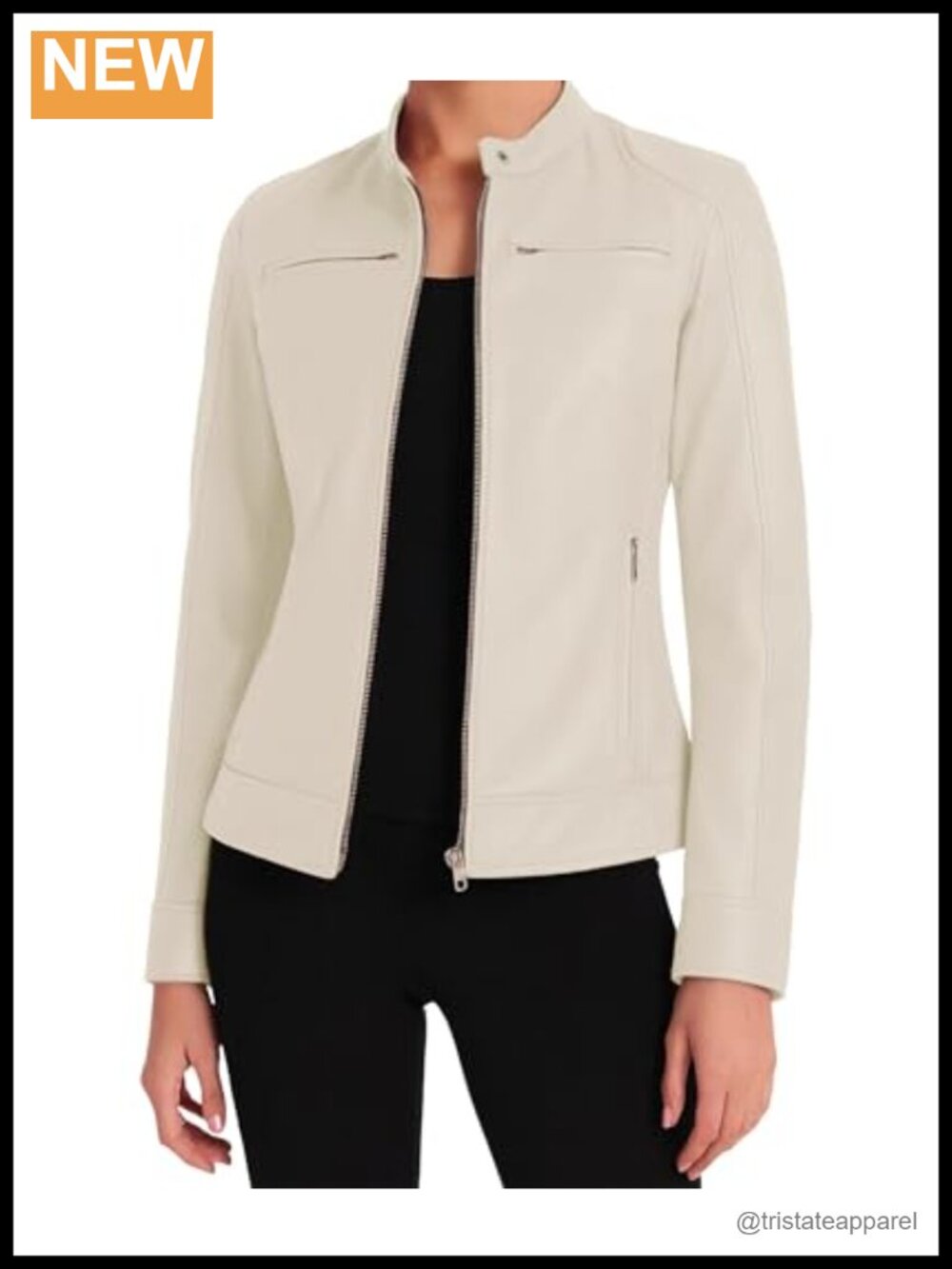Real Lambskin Leather Jacket Women Cafe Racer Moto Zip Front